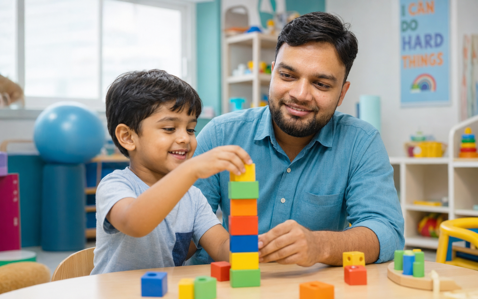 A child engaged in a warm, play-based occupational therapy session